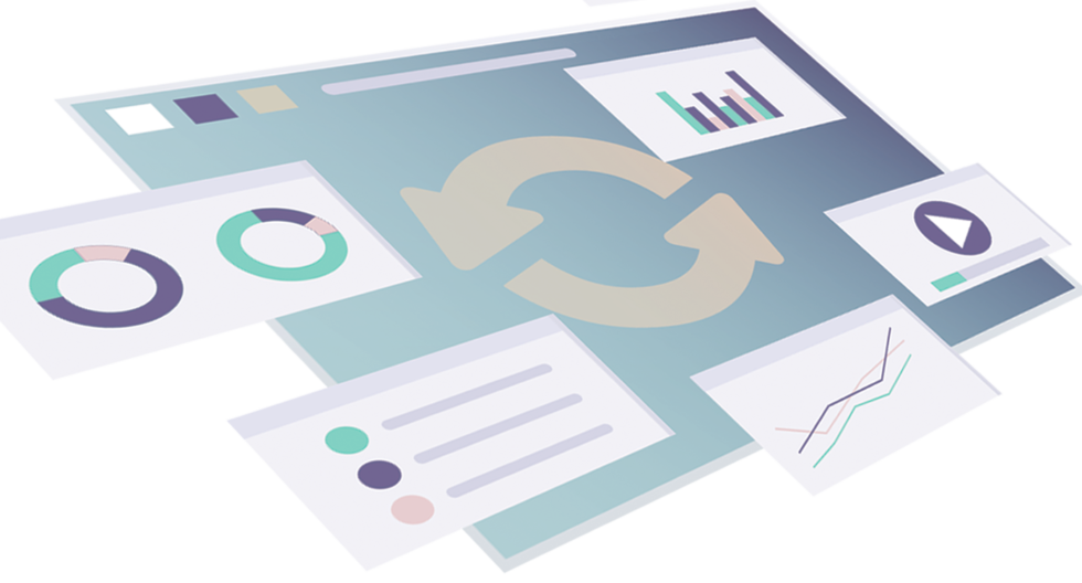 Digital dashboard with charts and synchronization icons.